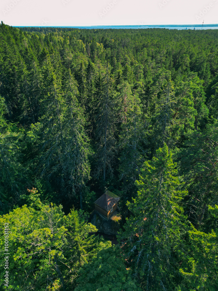 Lonely church in the green forest, Konevets island - photo drone view Lonely church in the green forest, Konevets island - photo drone view