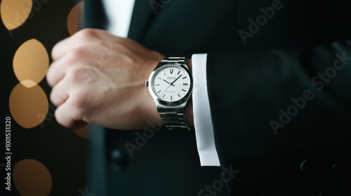 Close-up of a man's wrist wearing a luxury watch, adjusting his suit. Concept of sophistication, professionalism, and time management. photo