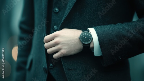 Close-up of a man's wrist wearing a luxury watch, adjusting his suit. Concept of sophistication, professionalism, and time management. photo