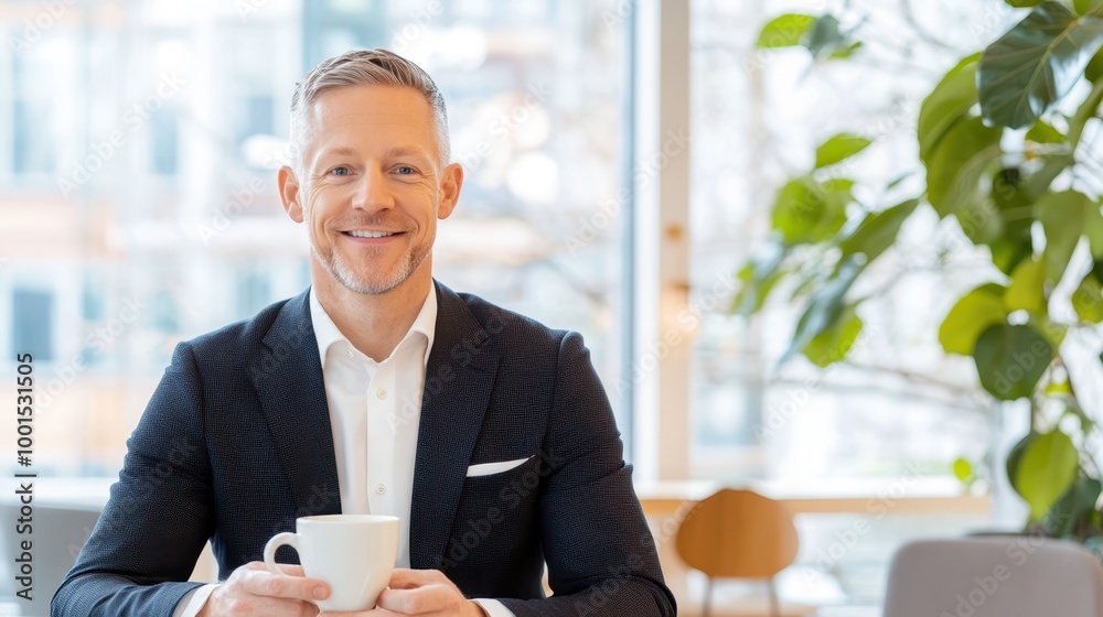 Smiling businessman in a suit holding a coffee cup in a bright modern office with greenery. Concept of relaxation and business success. Smiling businessman in a suit holding a coffee cup in a bright modern office with greenery. Concept of relaxation and business success.