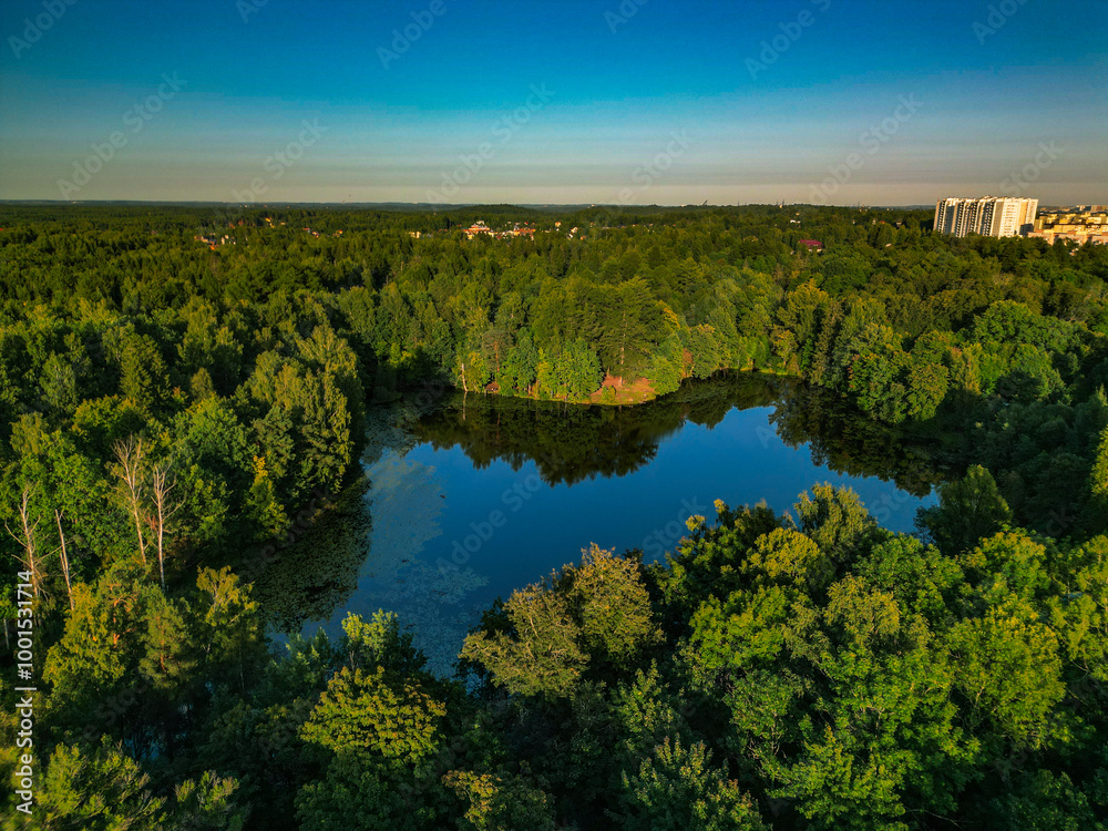 beautiful lake in green park, near city houses - drone photo beautiful lake in green park, near city houses - drone photo