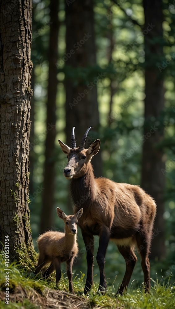 Chamois and its young at the forest edge in Karlsruhe, Germany. Chamois and its young at the forest edge in Karlsruhe, Germany.