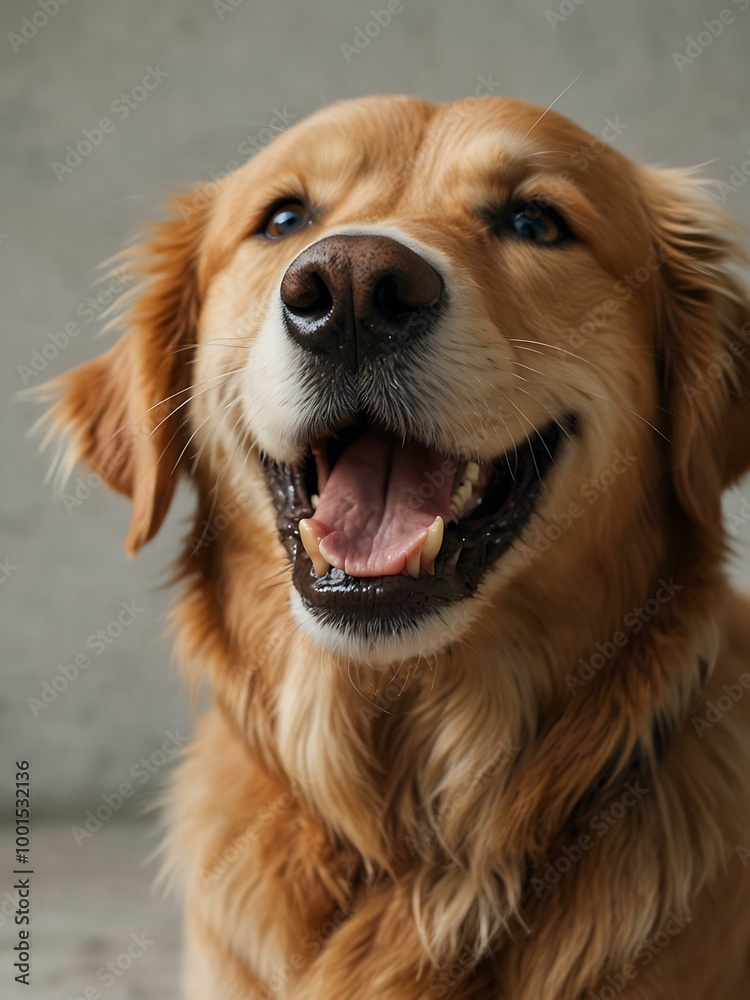 Cheerful golden retriever smiling against a light backdrop. Cheerful golden retriever smiling against a light backdrop.