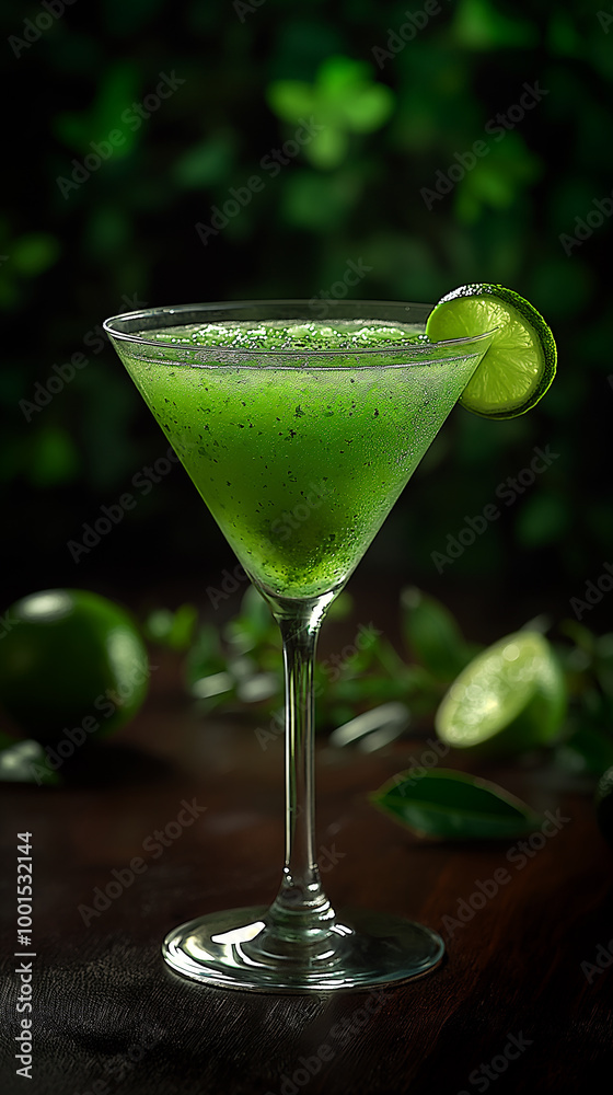 Refreshing green cocktail with lime and mint in a glass, perfect beverage for a summer party Refreshing green cocktail with lime and mint in a glass, perfect beverage for a summer party