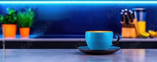 Vibrant blue coffee cup on a saucer, blurred kitchen background, modern ambiance.