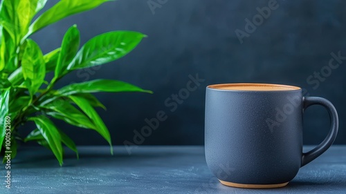 Stylish black mug beside a green plant on a dark surface.