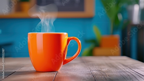 Steaming orange mug on wooden table with vibrant background.