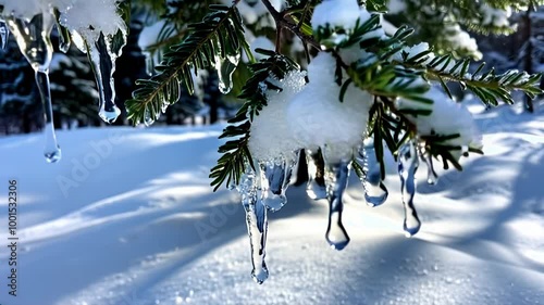 Snow-covered branches glisten with melting icicles in a serene winter landscape