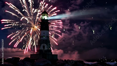 A stunning lighthouse shines brightly against a dark night sky by the rocky shore at dusk