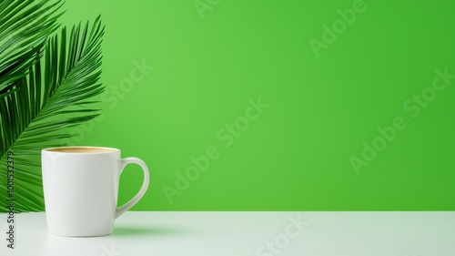 White cup of coffee with green background and palm leaves.
