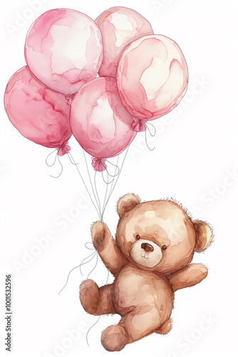 Cute teddy bear floating with pink balloons, perfect for a child's birthday gift illustration