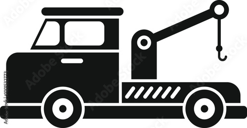 Simple black and white icon of a tow truck offering roadside assistance for broken vehicles