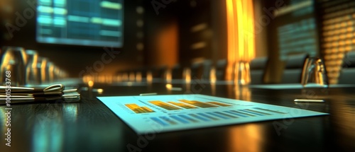 Wallpaper Mural A sleek conference room with a focus on a report, illuminated by warm lighting, creating a professional atmosphere for business discussions. Torontodigital.ca