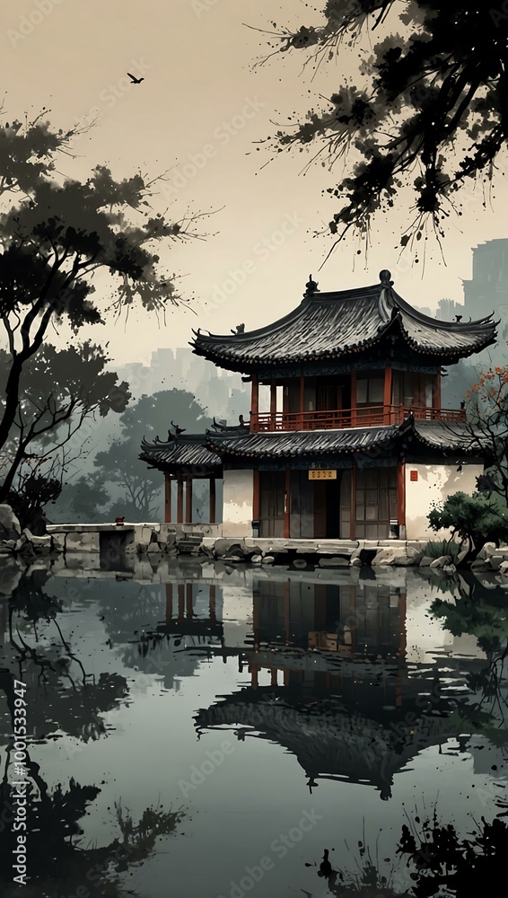 Chinese ancient architecture in Suzhou gardens, depicted in ink painting style. Chinese ancient architecture in Suzhou gardens, depicted in ink painting style.
