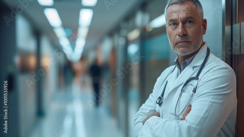 Senior male doctor in uniform with stethoscope standing in a hospital corridor for medical care