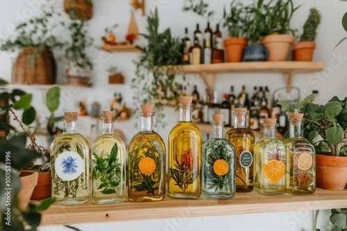 Assorted herb and citrus infused oil bottles on wooden shelf with house plants