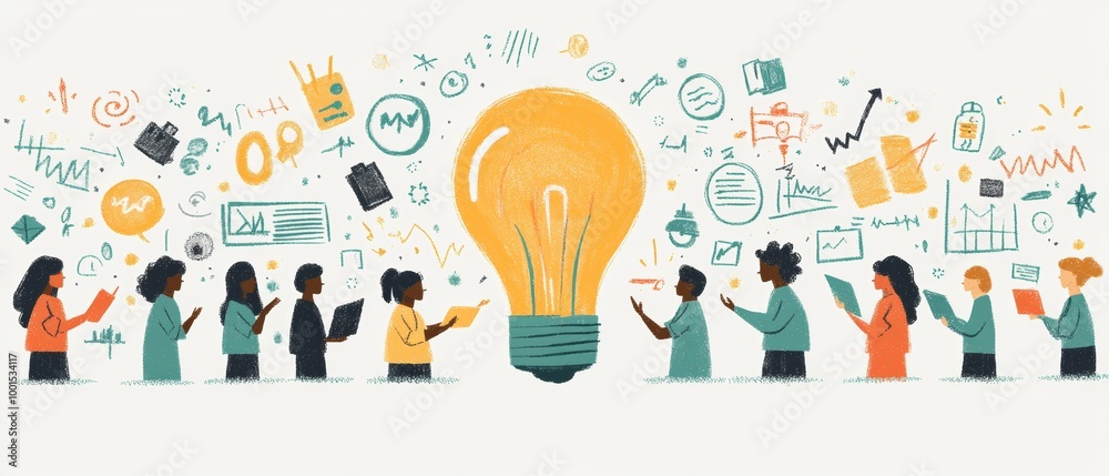 A diverse group of people interacts around a large light bulb, symbolizing ideas, innovation, and collaboration in a creative environment. A diverse group of people interacts around a large light bulb, symbolizing ideas, innovation, and collaboration in a creative environment.
