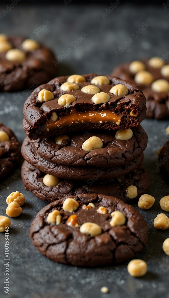 Chocolate cookies filled with peanut butter chips. Chocolate cookies filled with peanut butter chips.