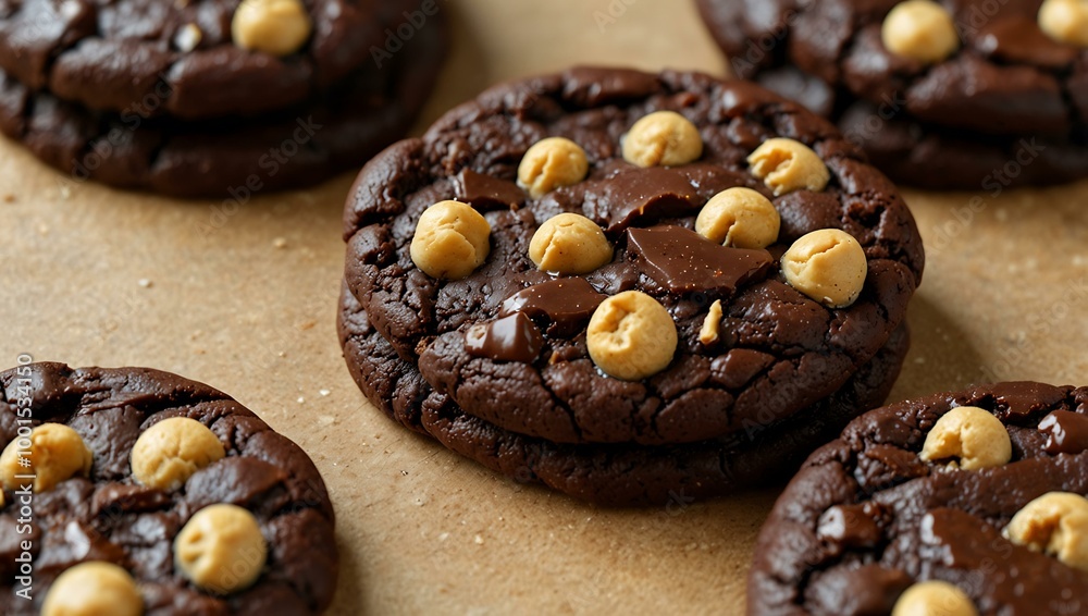 Chocolate cookies filled with peanut butter chips. Chocolate cookies filled with peanut butter chips.