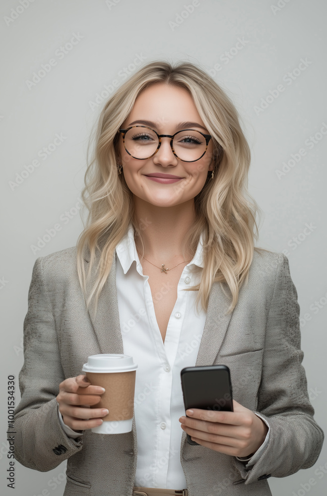 a happy, blonde businesswoman wearing glasses and a blazer, holding a coffee cup and a phone in her hand a happy, blonde businesswoman wearing glasses and a blazer, holding a coffee cup and a phone in her hand