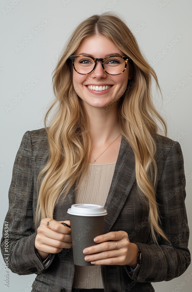 a happy, blonde businesswoman wearing glasses and a blazer, holding a coffee cup and a phone in her hand