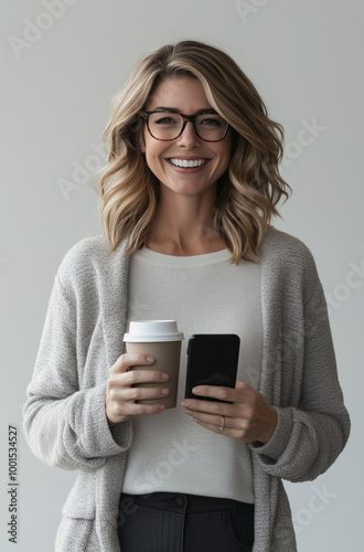 A photo of an attractive blonde woman in her late thirties, wearing glasses and business casual attire, holding a to-go coffee cup while looking at the camera and smiling