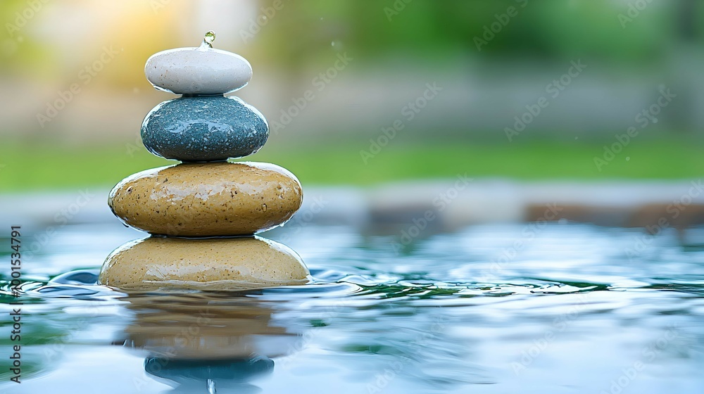 Zen Stones Stacked in Water with Green Background Tranquility and Balance Zen Stones Stacked in Water with Green Background Tranquility and Balance