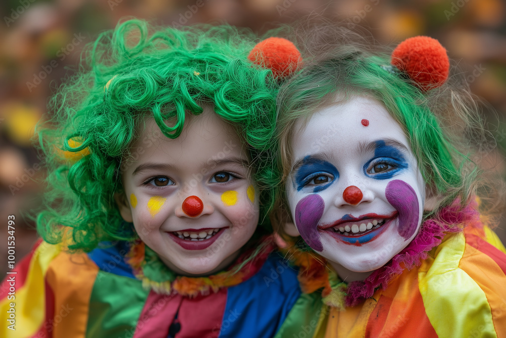 Two children in clown costumes on Halloween, smiling and looking at the camera Two children in clown costumes on Halloween, smiling and looking at the camera