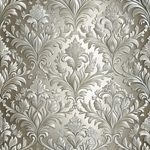 Ornate damask seamless pattern with elegant floral motifs in silver tones for luxurious backgrounds and decor 