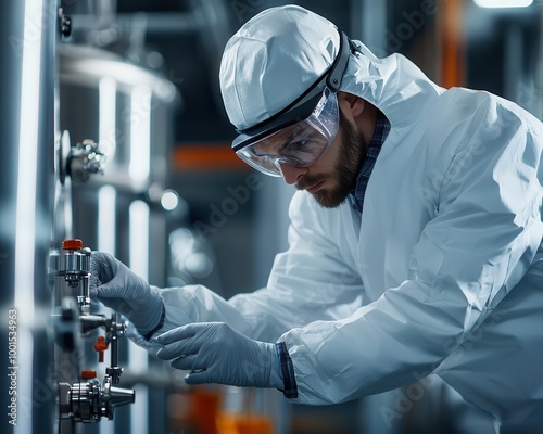 Worker in protective gear inspecting chemical vats, quality control, chemical manufacturing process