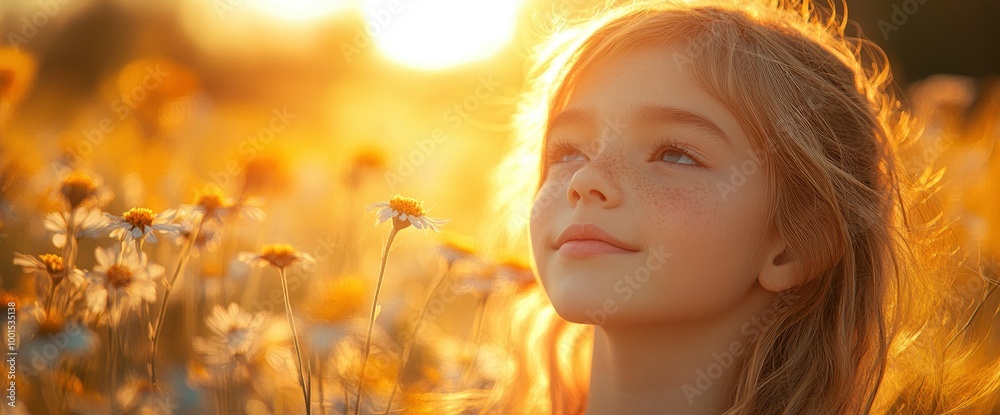 Little Girl Gazing at the Sunset in a Field of Daisies