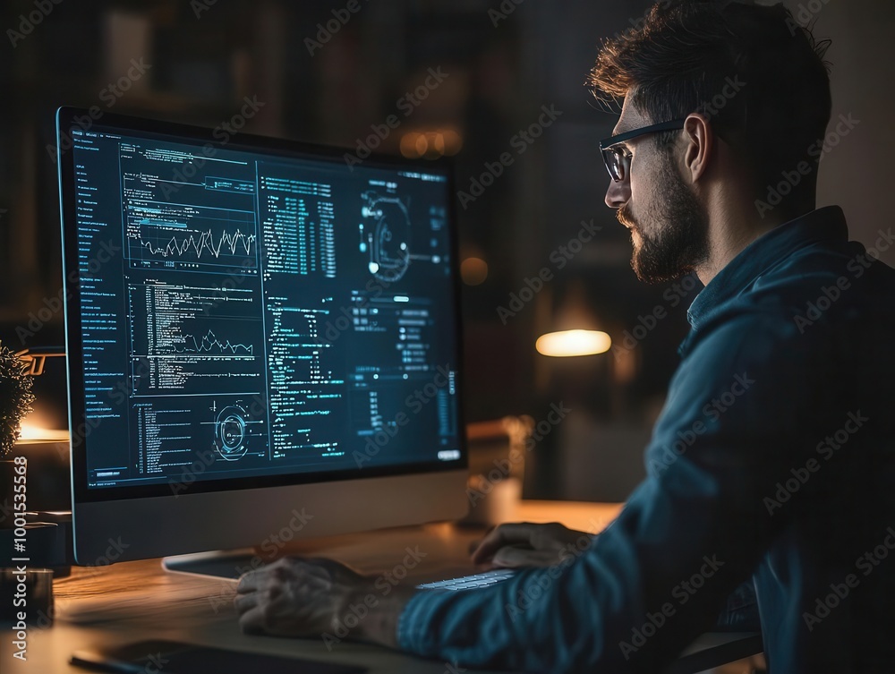 Engineer developing custom manufacturing software, digital tools in production, industry 40 Engineer developing custom manufacturing software, digital tools in production, industry 40