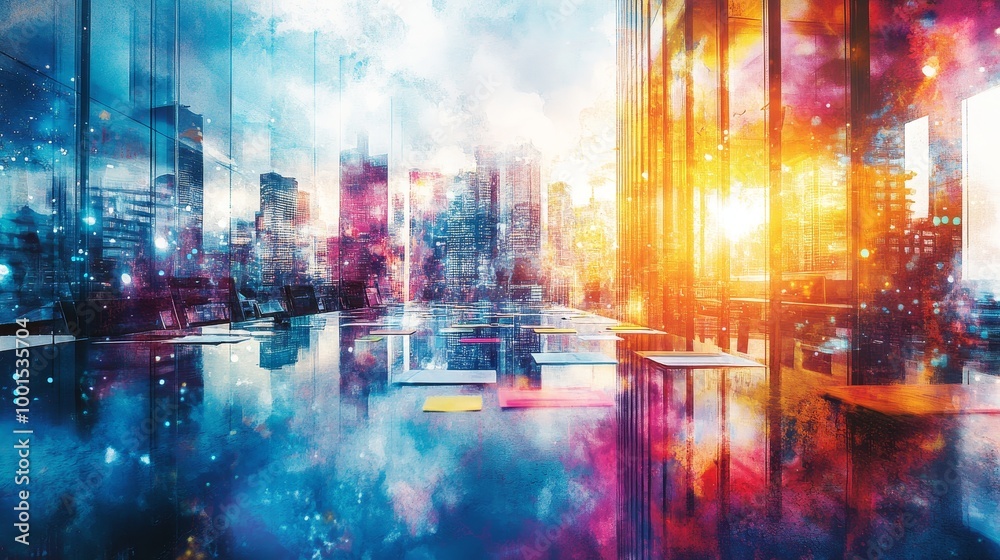 Fototapeta premium A vibrant, abstract cityscape with colorful reflections and ethereal lights, creating a dreamlike atmosphere of urban life.