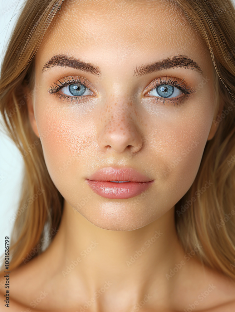 Portrait closeup of a woman with smooth skin, blue eyes, and freckles, showcasing natural beauty. Portrait closeup of a woman with smooth skin, blue eyes, and freckles, showcasing natural beauty.