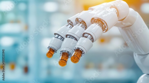 Automated lab testing with robotic arms, pharmaceutical production, high-throughput screening photo