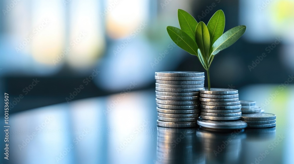 A stack of coins with a small plant beside it, highlighting the synergy of financial growth and savings in a clean, modern environment A stack of coins with a small plant beside it, highlighting the synergy of financial growth and savings in a clean, modern environment