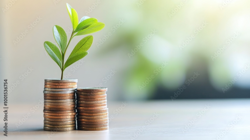 A stack of coins with a small plant growing beside them in a minimalist environment, representing financial growth and savings A stack of coins with a small plant growing beside them in a minimalist environment, representing financial growth and savings