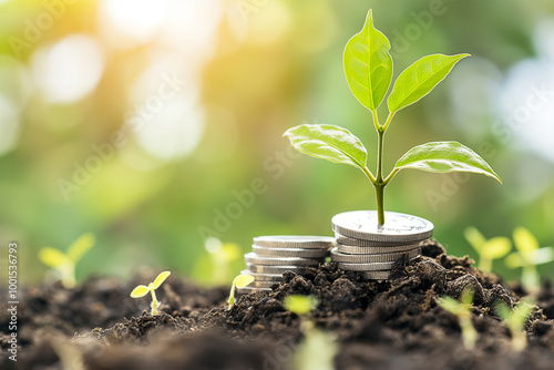 Plant money coins saving growth up to profit interest for concept investment mutual fund finance and business photo