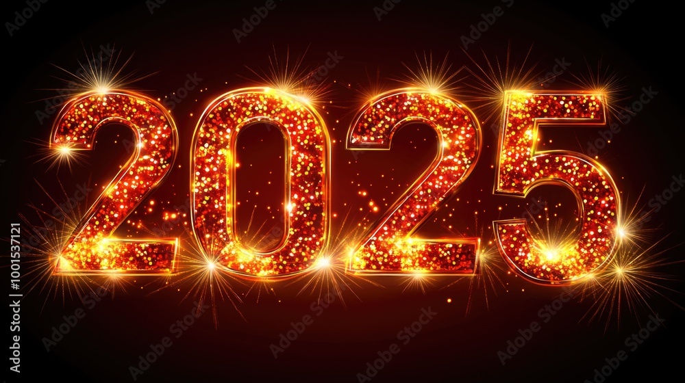 Glowing 2025 numbers with sparkling light effects on black background Glowing 2025 numbers with sparkling light effects on black background