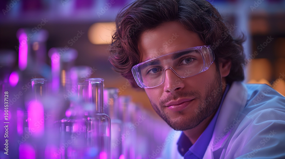 Young scientist in laboratory with glasses smiling during a chemistry experiment