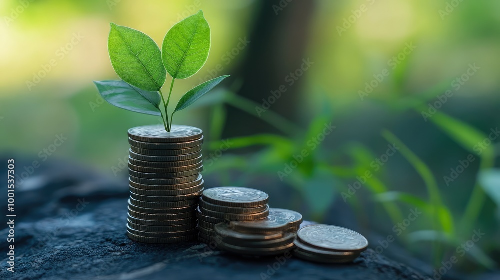 A stack of coins with a young plant beside them, symbolizing financial growth and the idea of saving in a fresh, modern environment A stack of coins with a young plant beside them, symbolizing financial growth and the idea of saving in a fresh, modern environment