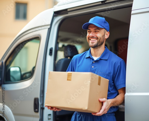 a courier in blue clothes holds a box in his hands near a white van, the concept of parcel delivery