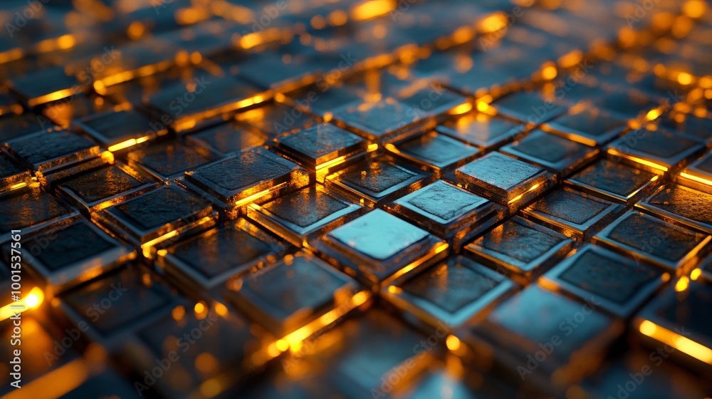 Obraz premium Abstract glowing blue and gold square pattern.