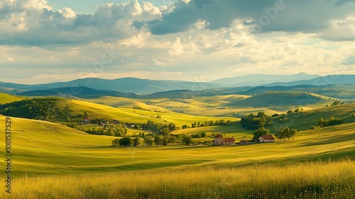 panorama of beautiful countryside of romania sunny afternoon wonderful springtime landscape in mountains grassy field and rolling hills rural scenery : Generative AI