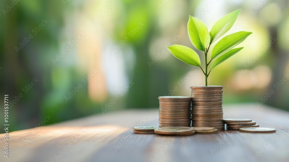 A stack of coins with a young plant growing beside them, symbolizing financial growth and the concept of saving in a bright, modern setting A stack of coins with a young plant growing beside them, symbolizing financial growth and the concept of saving in a bright, modern setting