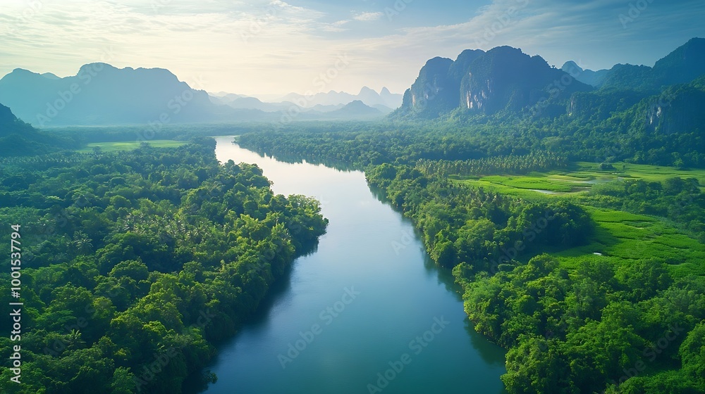 Beautiful natural scenery of river in southeast Asia tropical green forest with mountains in background aerial view drone shot : Generative AI Beautiful natural scenery of river in southeast Asia tropical green forest with mountains in background aerial view drone shot : Generative AI