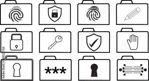 Folder with different security authentication icons logos set isolated on transparent white background