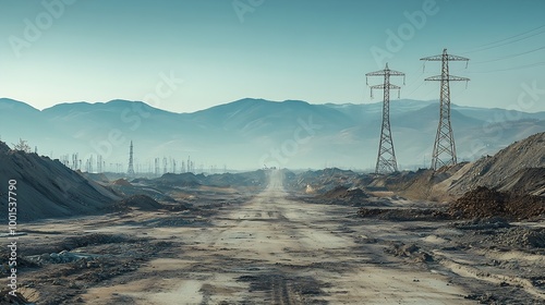 Construction site Hills of rubble and sand and highvoltage pylons Construction of a new highway repair of the roadway underground laying of pipes and electrical communications : Generative AI photo