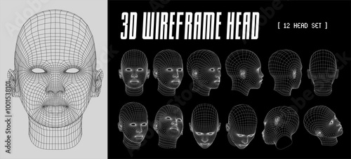 Wireframe low poly human head. Different pose futuristic graphic element. 3D Vector set