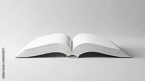 An open book with clean white pages and a minimalistic design on a light grey background, perfect for themes related to education, literature, knowledge, and creativity,